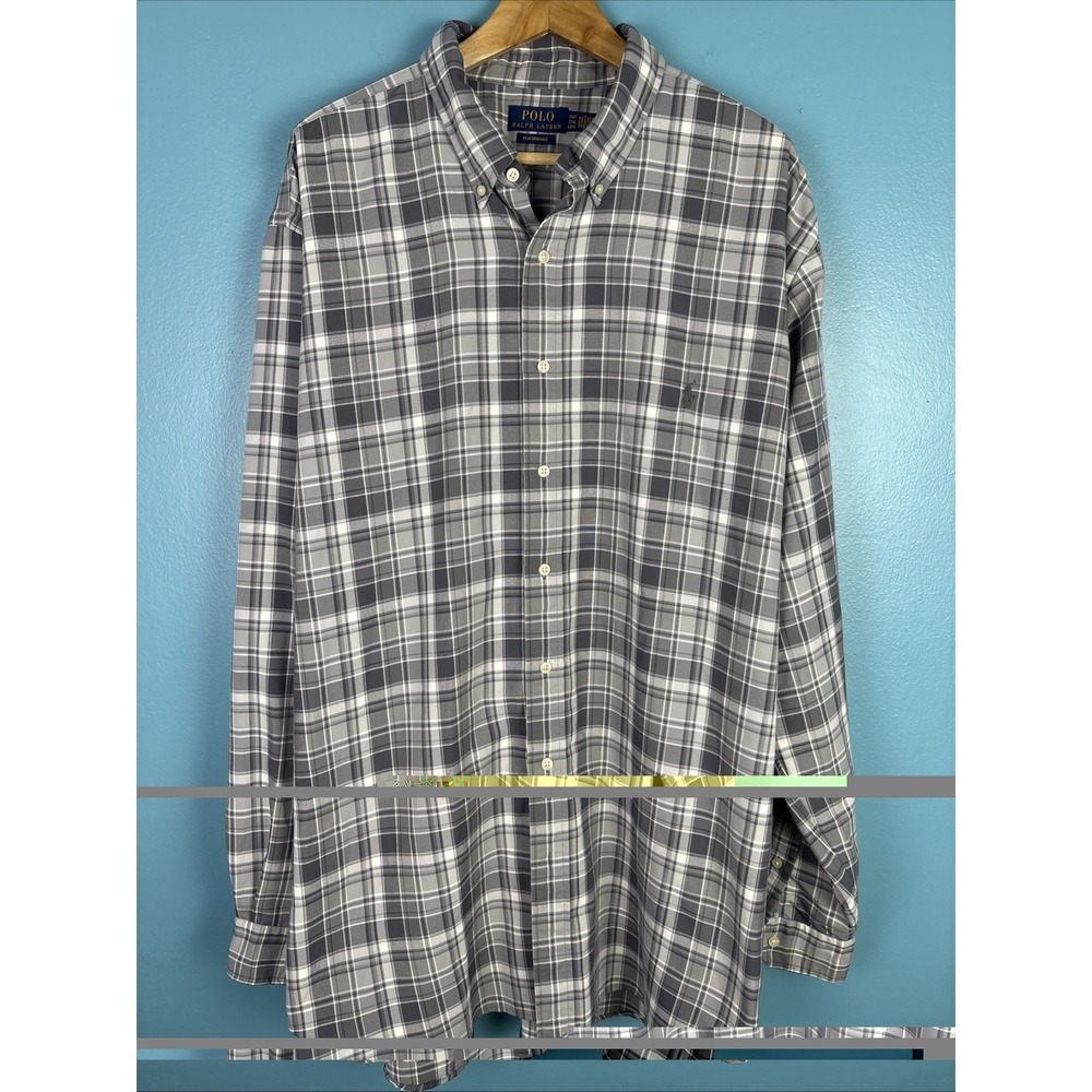 Polo Ralph Lauren Button Down Mens 2XLT Grey Plaid Performance L/S Shirt Preppy